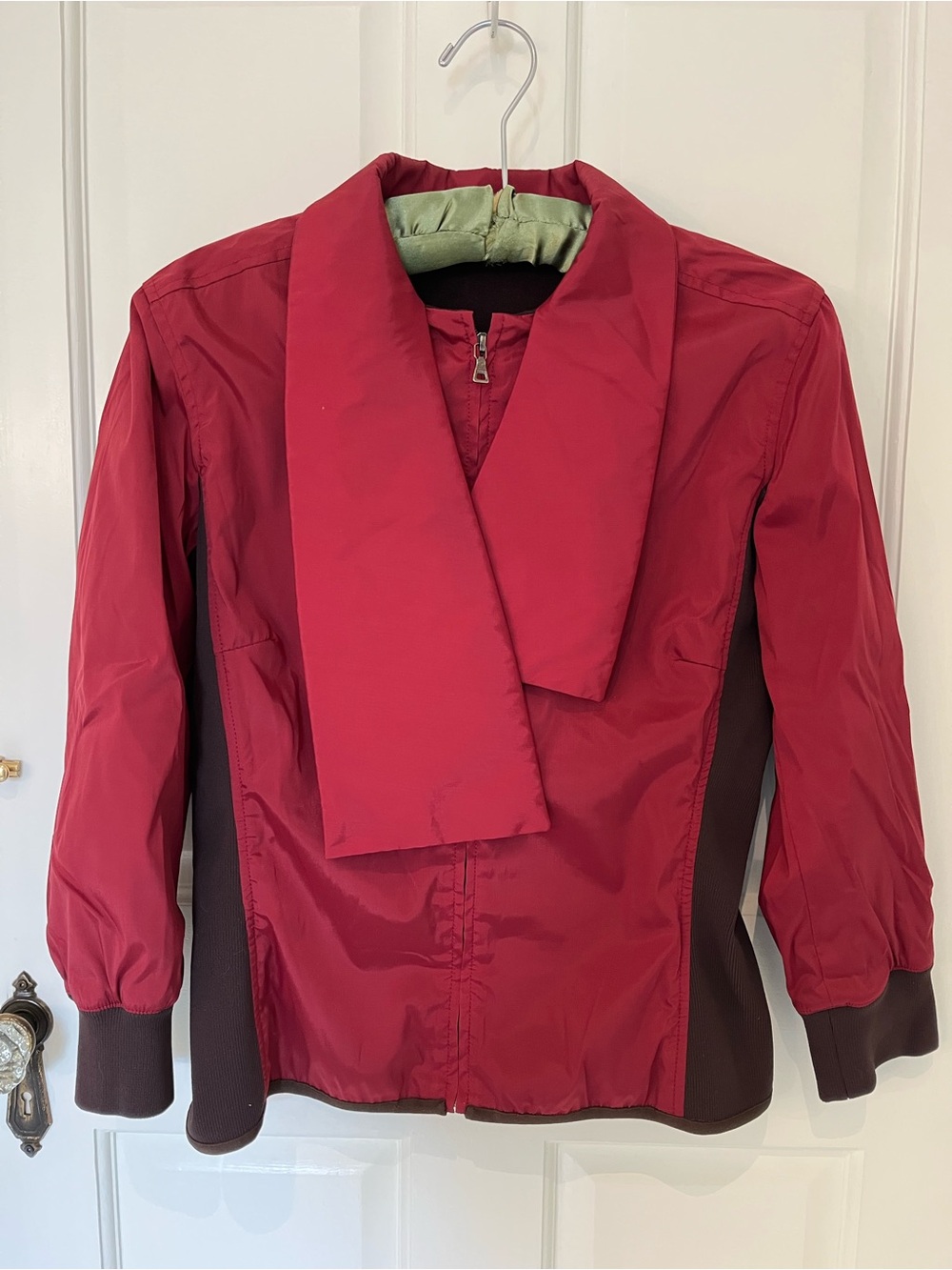 Extremely rare Prada fleece-lined cherry red jacket w/ attached quilted scarf. M